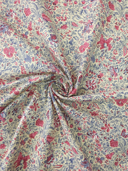 Pink and Lavender on Cream Vintage floral fabric 44" 100% Cotton Calico Dressmaking, quilting sold per meter dressmaking Flower Print Fabric