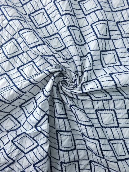 Premium Quality Blue and White Embroidered Diamond Pattern Cotton Fabric 58" sold per meter