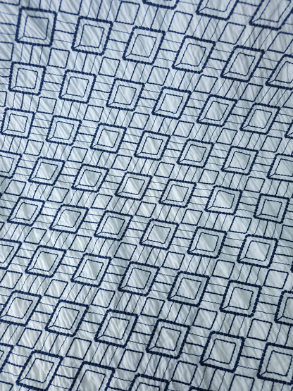 Premium Quality Blue and White Embroidered Diamond Pattern Cotton Fabric 58" sold per meter