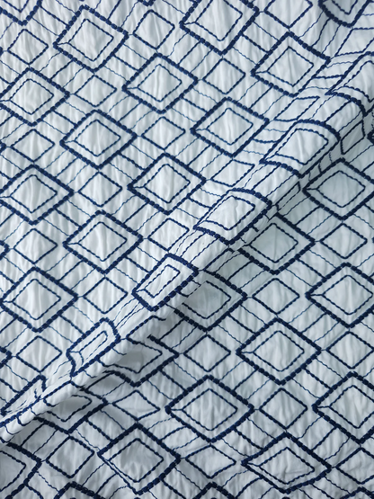Premium Quality Blue and White Embroidered Diamond Pattern Cotton Fabric 58" sold per meter