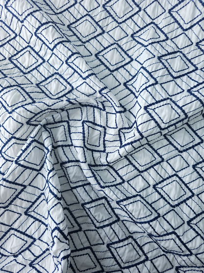 Premium Quality Blue and White Embroidered Diamond Pattern Cotton Fabric 58" sold per meter